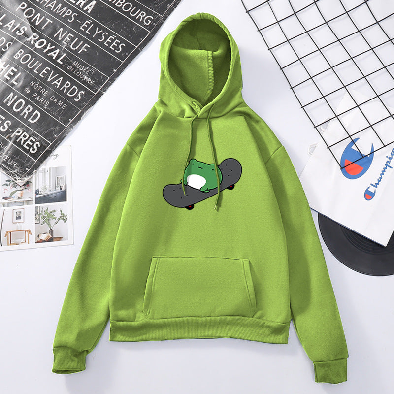 Green baby skateboard simple print loose hooded sweater