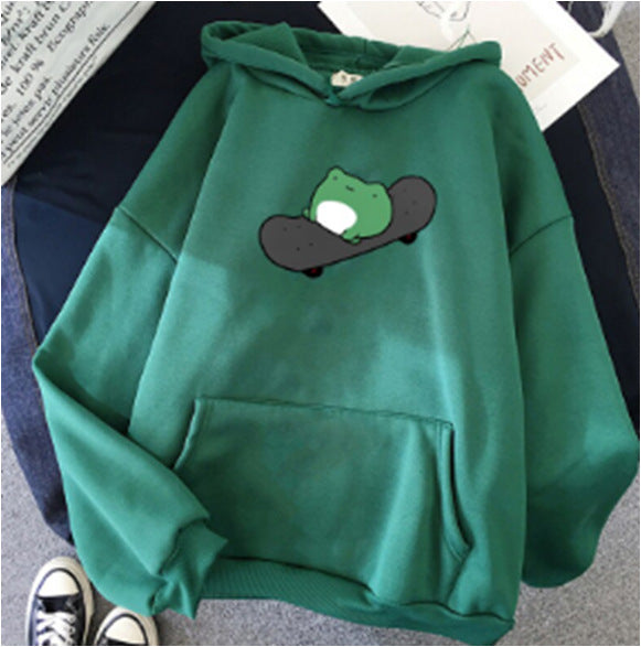 Green baby skateboard simple print loose hooded sweater