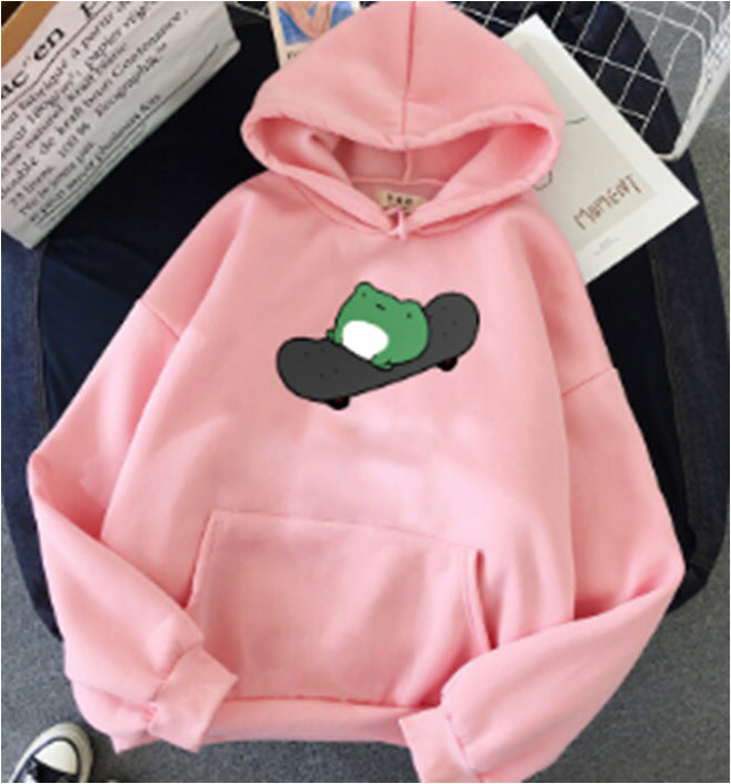 Green baby skateboard simple print loose hooded sweater