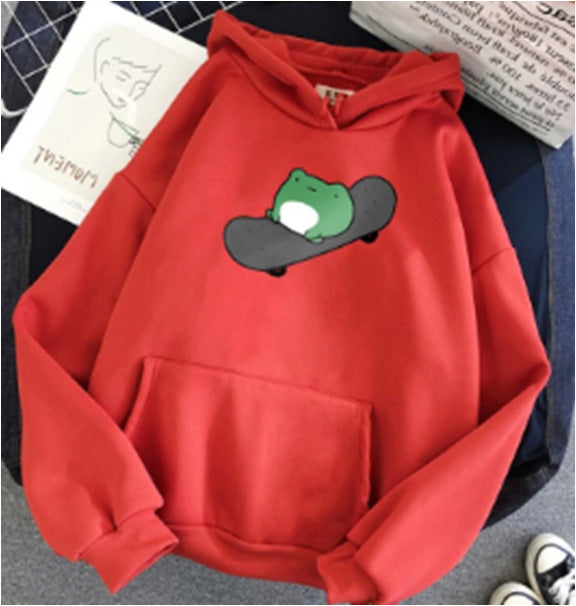 Green baby skateboard simple print loose hooded sweater