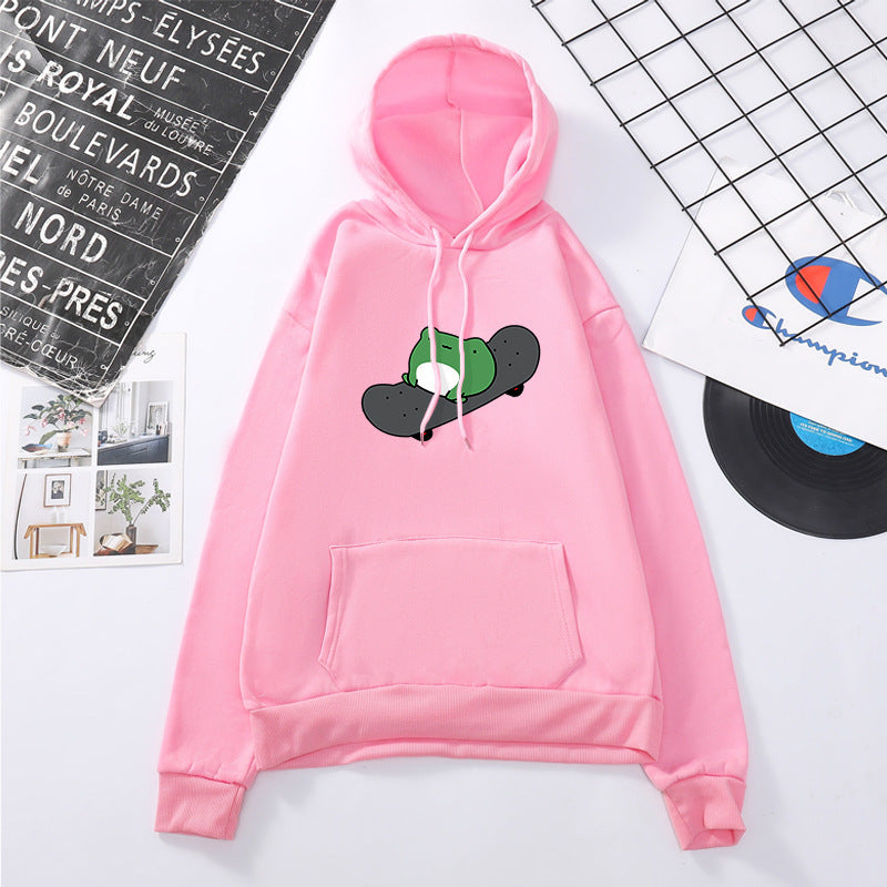 Green baby skateboard simple print loose hooded sweater