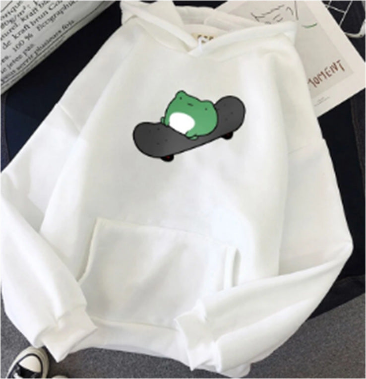 Green baby skateboard simple print loose hooded sweater